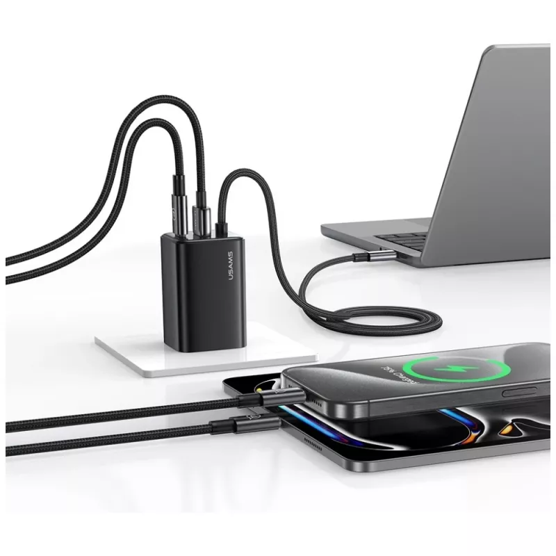 USAMS JC Series CC266 carregador rápido GaN 65W 2xUSB-C 1xUSB-A com cabo USB-C integrado 1,5m branco