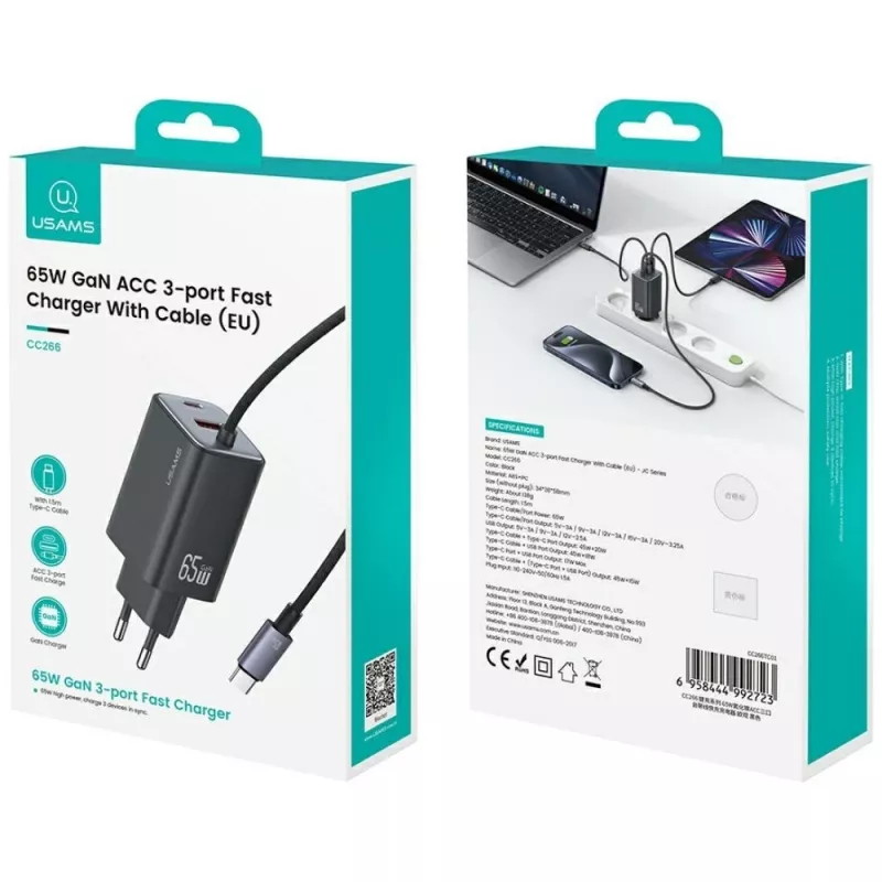 USAMS JC Series CC266 carregador rápido GaN 65W 2xUSB-C 1xUSB-A com cabo USB-C integrado 1,5m branco