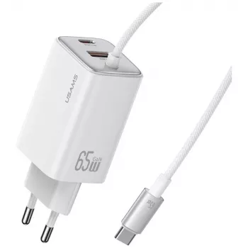 USAMS JC Series CC266 carregador rápido GaN 65W 2xUSB-C 1xUSB-A com cabo USB-C integrado 1,5m branco