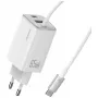 USAMS JC Series CC266 carregador rápido GaN 65W 2xUSB-C 1xUSB-A com cabo USB-C integrado 1,5m branco