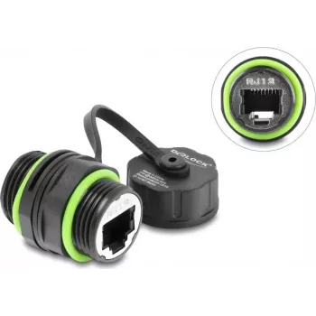 Conector de cabo Delock RJ12 fêmea para RJ12 fêmea com rosca M20 x 1,5 mm e tampa de proteção IP68 à prova de pó e de água