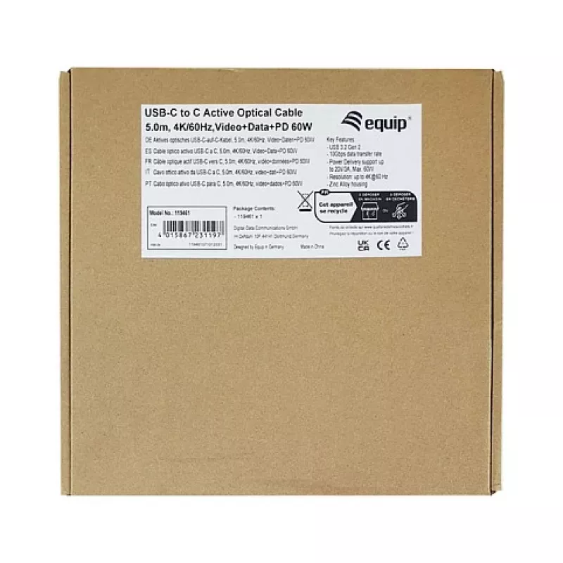 Equip Cabo Ótico Ativo (AOC) USB-C 3.2 para USB-C 8K 60W PD 10m Preto
