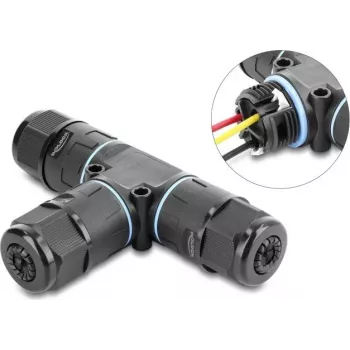Delock Conector de Cabo em T, Barra de Terminais de 3 Polos, IP68 à Prova de Água, para Diâmetro de Cabo 5-9 mm, incl. Vedantes para 9-12 mm, sem Ferramentas, Preto (87244)