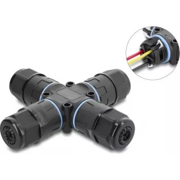 Delock Conector de Cabo em X com Terminal de Parafuso 3 Polos, IP68 à Prova de Água para Diâmetro de Cabo 5 - 9 mm, incl. Vedantes para 9 - 12 mm, sem Ferramentas Preto (87247)