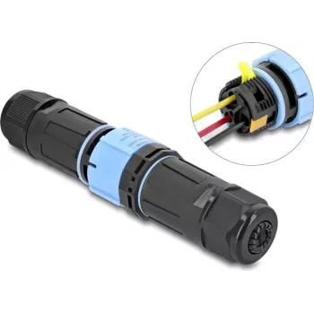 Delock Conector de Cabo com Fecho de Baioneta 3 Polos Macho para Fêmea, IP68 à Prova de Água para Diâmetro de Cabo 5 - 9 mm, incl. Vedantes para 9 - 12 mm, sem Ferramentas, Preto (87249)