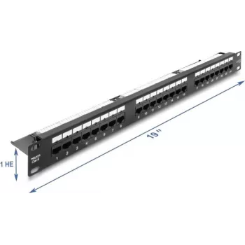 Delock Patch Panel 19 polegadas 1U 24 Portas Cat.6 com LED e Barra de Alívio de Tensão, não Blindado, Preto (91087)