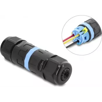 Delock Conector de Cabo em Linha 3 Pinos, IP68 à Prova de Água, Ligação por Aperto, sem Ferramentas, para Diâmetro de Cabo 5-9 mm, incl. Vedantes para 9-12 mm, Preto (87243)