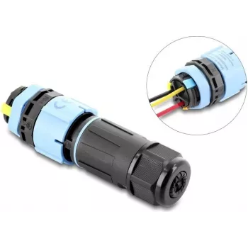 Delock Conector de Cabo com Fecho de Baioneta 3 Polos Macho para Fêmea com Caixa para Montagem em Painel, IP68 à Prova de Água para Diâmetro de Cabo 5 - 9 mm, incl. Vedante para 9 - 12 mm, sem Ferramentas Preto (87250)