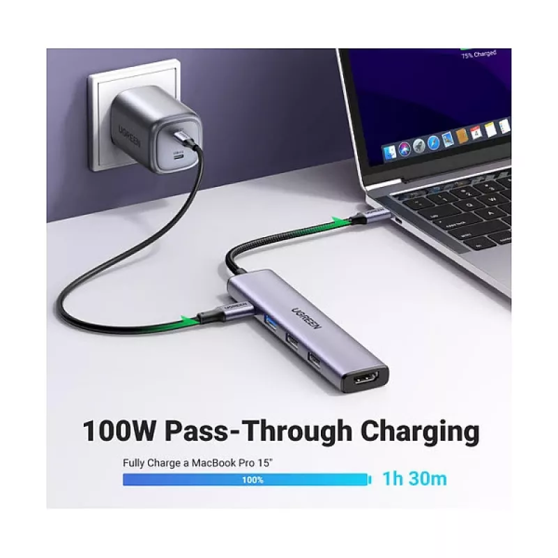 UGREEN CM478 Hub USB-C 5-em-1 100W PD 1x HDMI 1x USB-C PD IN 2x USB-A 2.0 1x USB-A 3.0