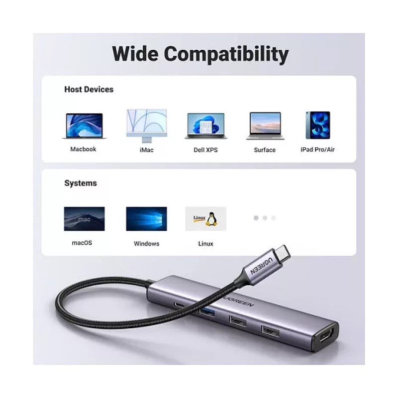 UGREEN CM478 Hub USB-C 5-em-1 100W PD 1x HDMI 1x USB-C PD IN 2x USB-A 2.0 1x USB-A 3.0