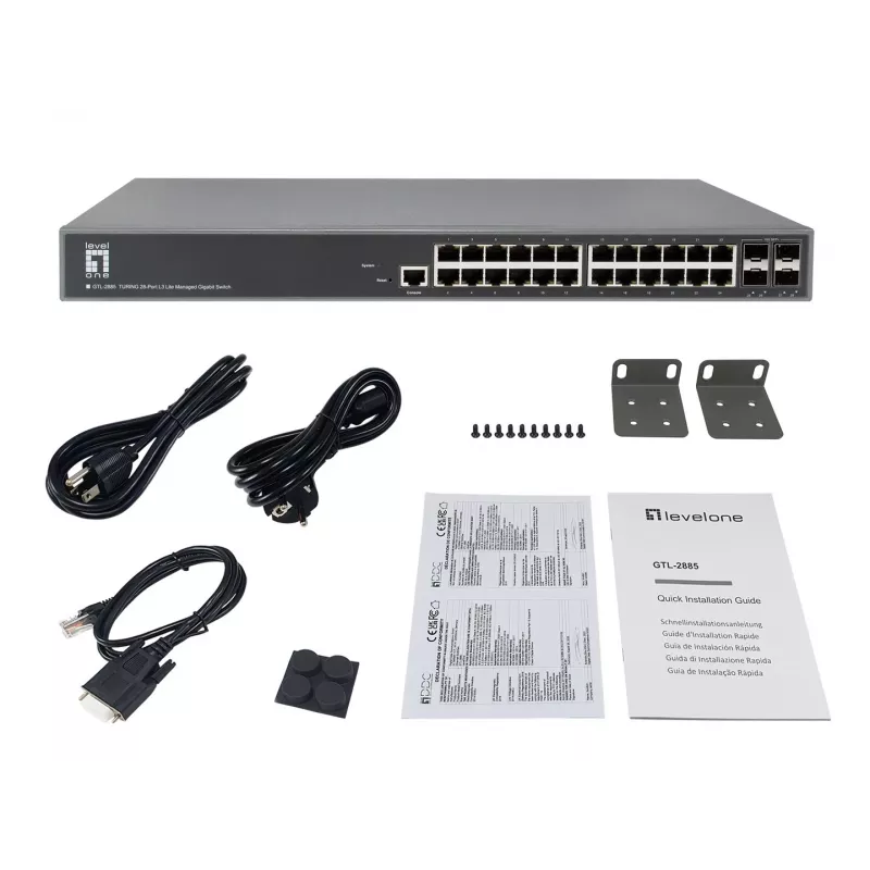 LevelOne TURING Switch Gigabit Gerido L3 Lite de 28 Portas, 24 x 1G RJ45, 4 x 1G/10G SFP+ Uplinks