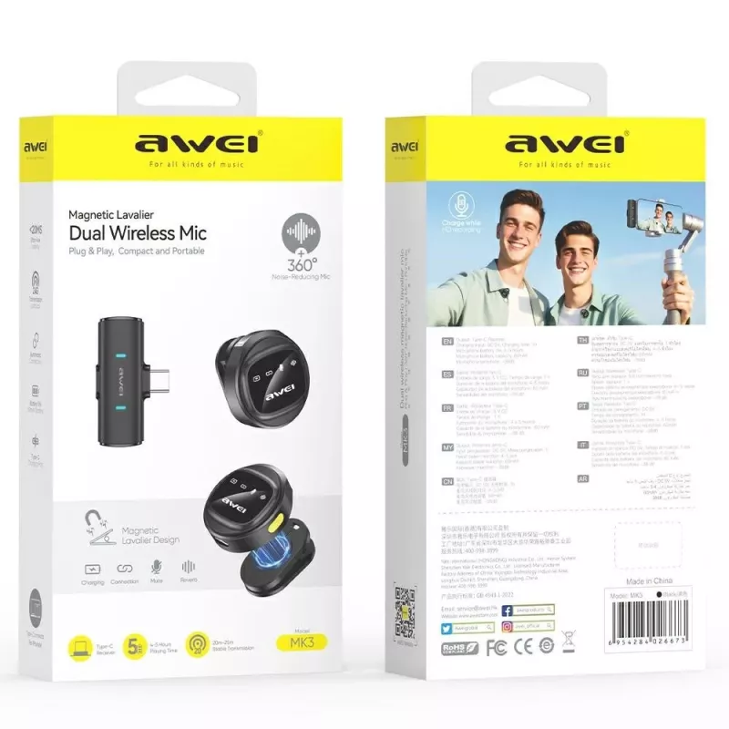 AWEI MK3 Duo Microfone Lavalier Sem Fios Preto
