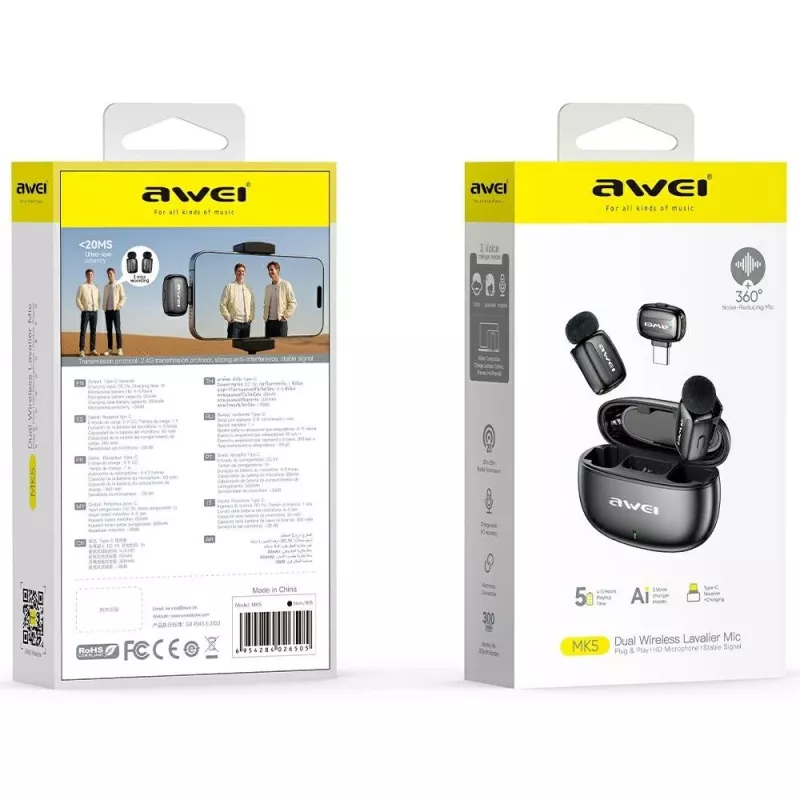 AWEI MK5 Duo Ai-Voice Microfone lavalier sem fios preto
