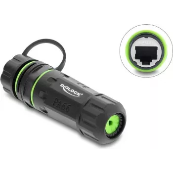 Delock conector fêmea RJ45 fêmea a fêmea Cat.6 com rosca M20 x 1,5 mm e tampa de proteção, IP68, compatível com Starlink, preto