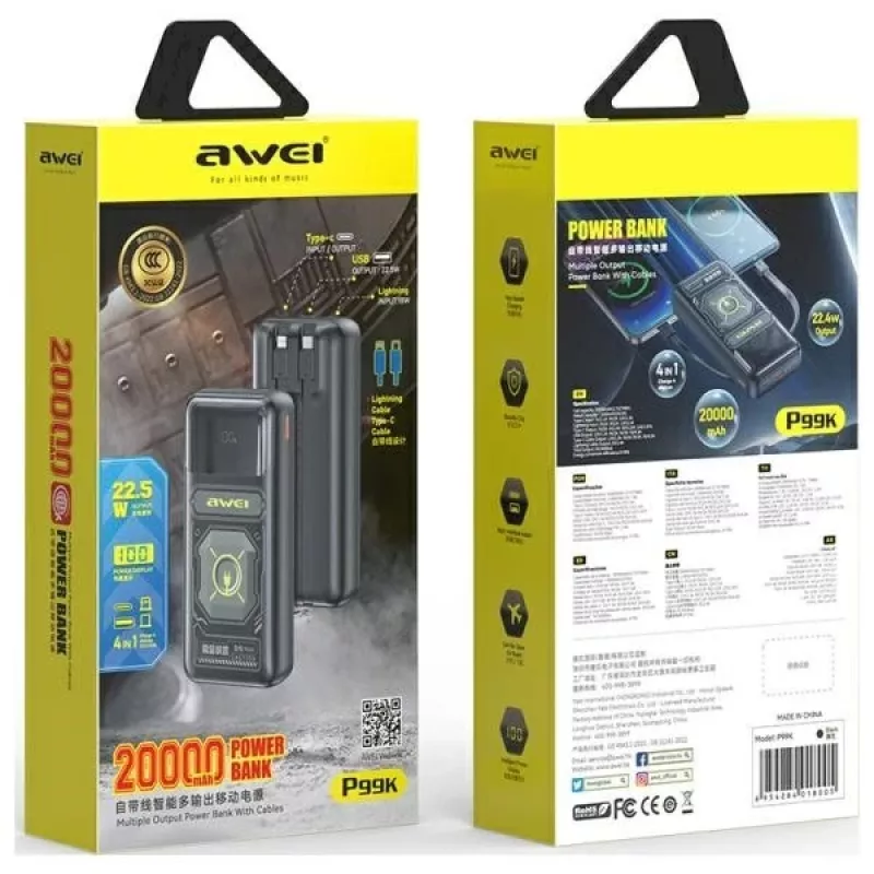 AWEI PowerBank P99K 20000mAh 22,5W preto