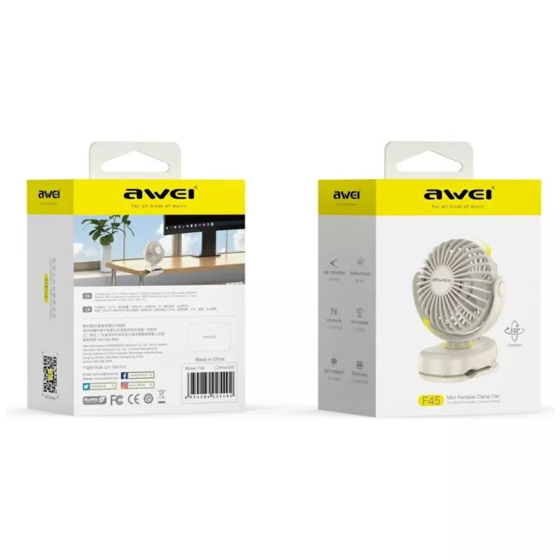 AWEI F45 mini ventoinha de mesa com clipe, 1200mAh, branco