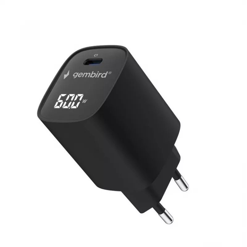 Gembird TA-UC-1C-PD60LCD-01-BK Carregador Rápido USB Type-C 60W com Ecrã LCD, Preto