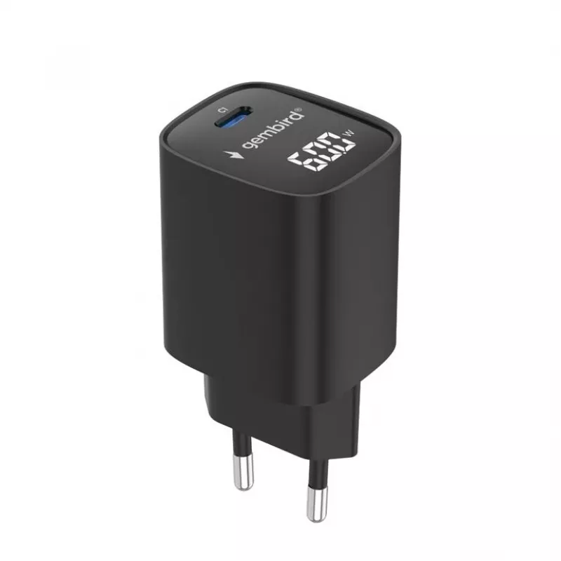 Gembird TA-UC-1C-PD60LCD-01-BK Carregador Rápido USB Type-C 60W com Ecrã LCD, Preto