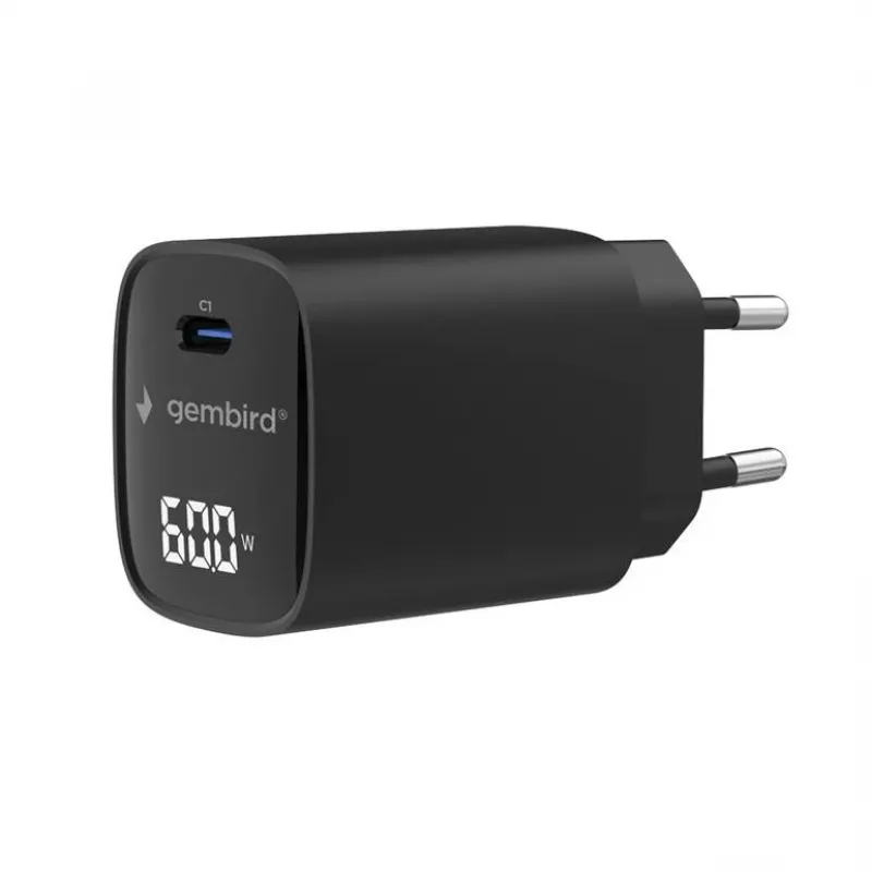 Gembird TA-UC-1C-PD60LCD-01-BK Carregador Rápido USB Type-C 60W com Ecrã LCD, Preto