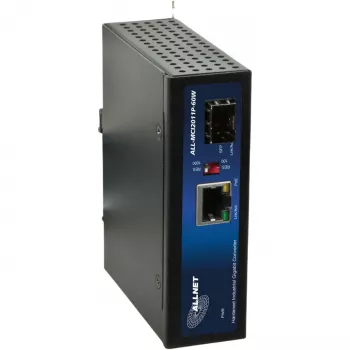 ALLNET ALL-MCI2011P-60W Conversor de Media PoE Industrial, 1x 10/100/1000Base-T RJ45 para 1x 1000Base-X SFP, 60W PoE, Calha DIN, Preto