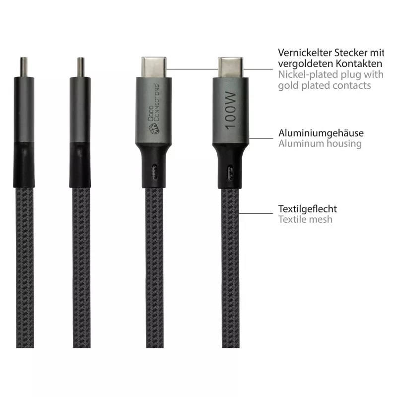 GoodConnections USB-C 4.0 (ST-ST) 1m Cabo Entrançado 100W 8K 30Hz Anthracite