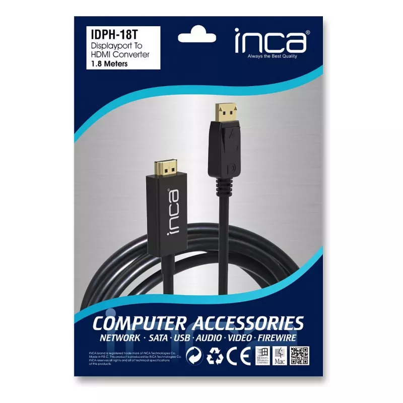 INCA cabo DisplayPort para HDMI 1,8 m 10,2 Gbit/s preto