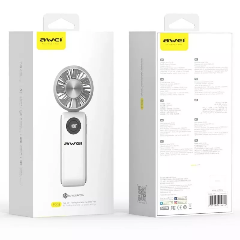 AWEI F39 Fast Ice Mini Ventilador de mão, branco gelo, 3600mAh, arrefecimento turbo, 5 níveis, USB-C