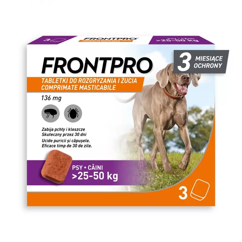 Comprimidos antipulgas e carraças FRONTPRO para cães (25-50 kg) - 3x 136 mg afoxolaner comprimidos mastigáveis