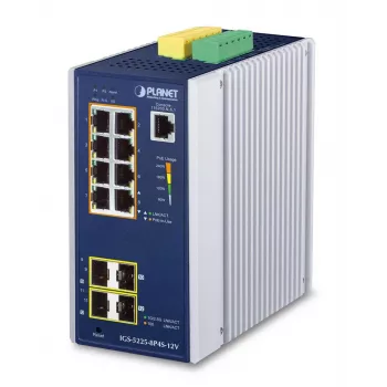 Switch Ethernet Gigabit gerido L2+ PLANET Industrial 8 portas GE PoE+ 2x 1G SFP + 2x 2.5G SFP, alumínio, azul