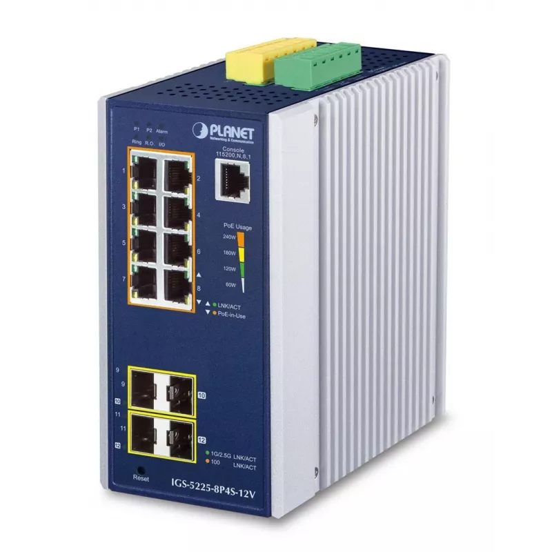 Switch Ethernet Gigabit gerido L2+ PLANET Industrial 8 portas GE PoE+ 2x 1G SFP + 2x 2.5G SFP, alumínio, azul
