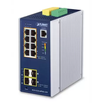 Switch Ethernet Gigabit gerido L2+ PLANET Industrial 8 portas GE PoE+ 2x 1G SFP + 2x 2.5G SFP, alumínio, azul