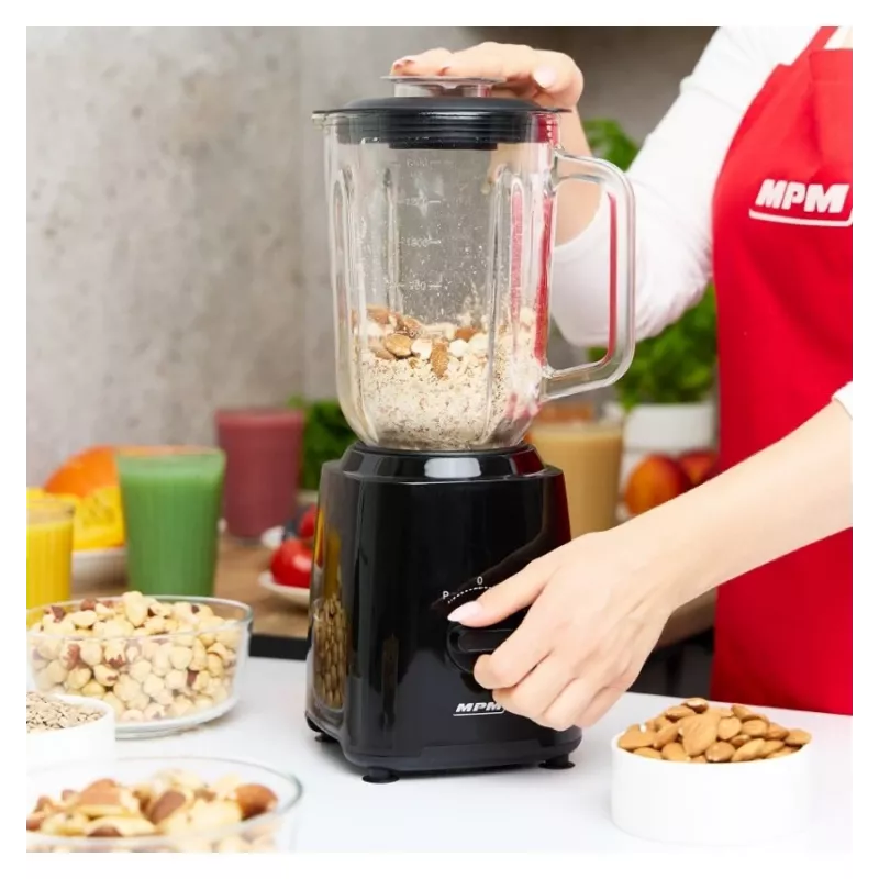 Batedeira MPM MBL-37, 500 W, jarro de vidro 1,5 L, lâmina de aço inoxidável, 2 velocidades, função pulsar, trituração de gelo, preto