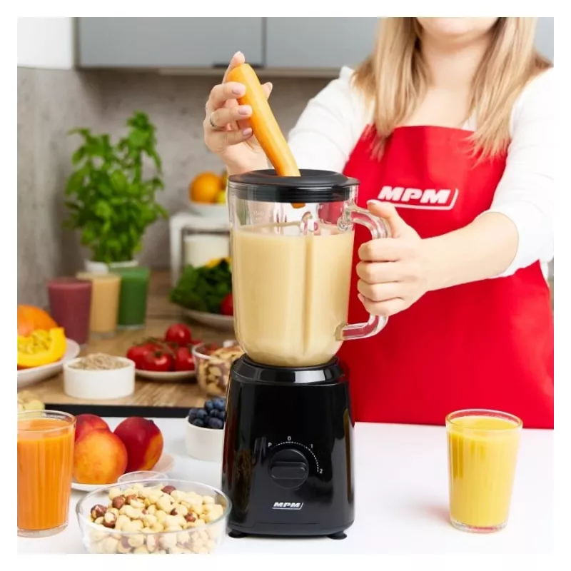 Batedeira MPM MBL-37, 500 W, jarro de vidro 1,5 L, lâmina de aço inoxidável, 2 velocidades, função pulsar, trituração de gelo, preto