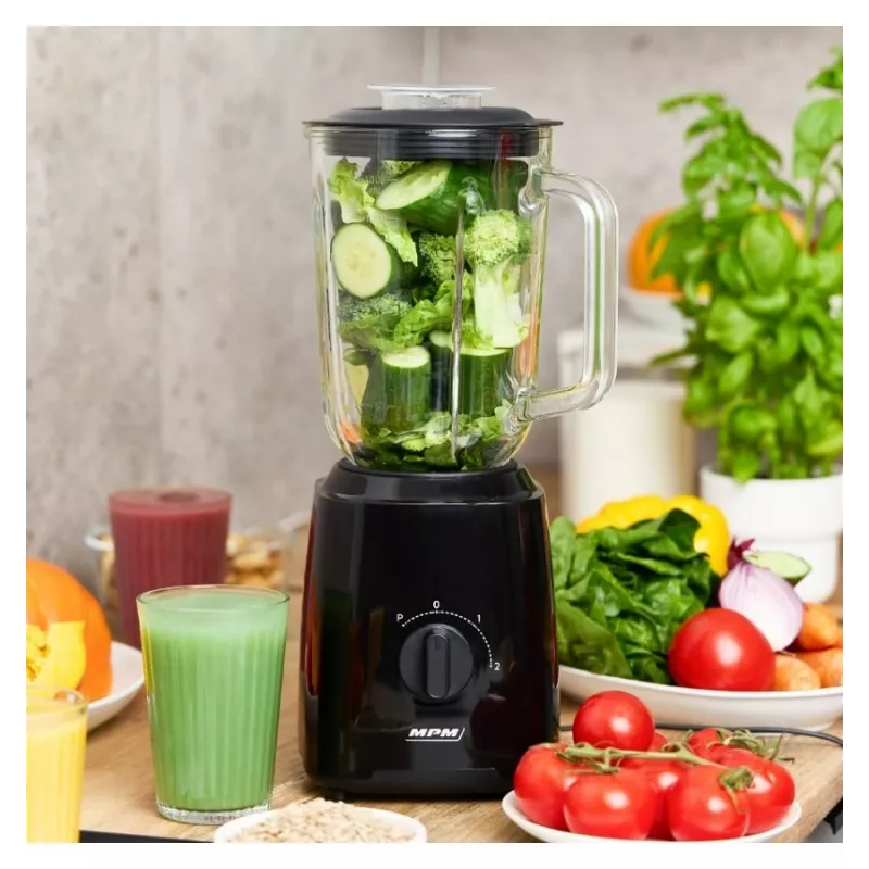 Batedeira MPM MBL-37, 500 W, jarro de vidro 1,5 L, lâmina de aço inoxidável, 2 velocidades, função pulsar, trituração de gelo, preto