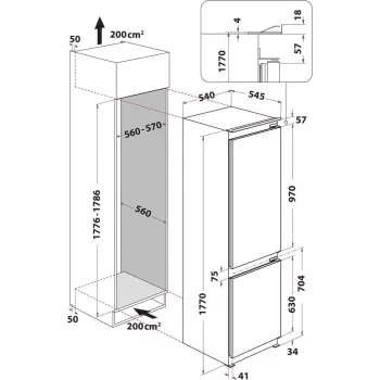 Combinado de encastrar frigorífico-congelador Whirlpool WHC18D071A1 com 6th Sense Technology, capacidade total 250 L, classe energética D, branco