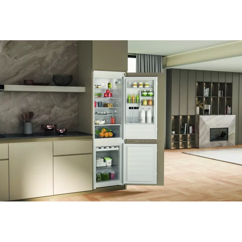 Combinado de encastrar frigorífico-congelador Whirlpool WHC18D071A1 com 6th Sense Technology, capacidade total 250 L, classe energética D, branco