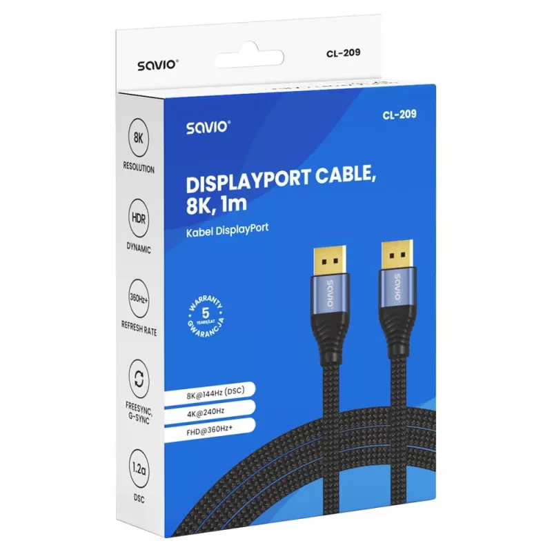 Cabo DisplayPort 2.1 SAVIO CL-209 1m preto
