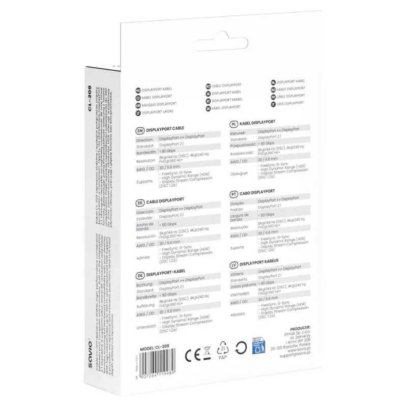 Cabo DisplayPort 2.1 SAVIO CL-209 1m preto