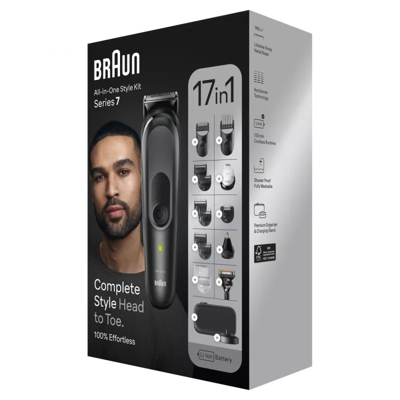 Braun MGK7491 Kit de aparação multiusos 17 em 1, Preto/Prateado, sem fios, Li-Ion, 100 min de autonomia