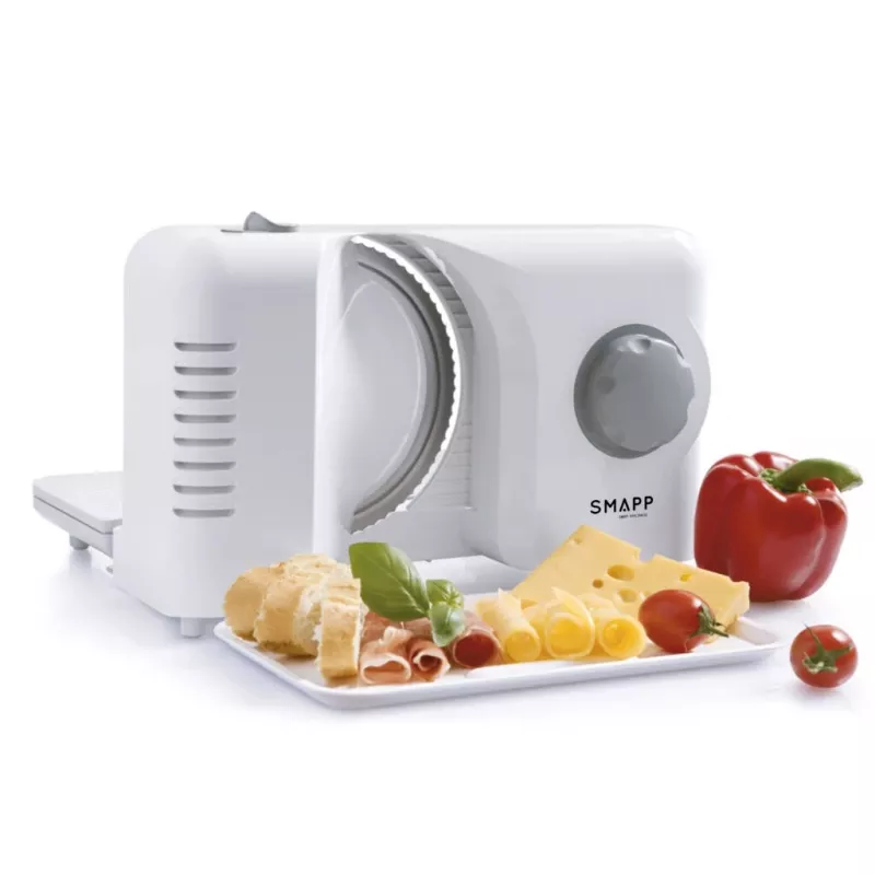 SMAPP 393.5 Máquina de cortar fiambre elétrica, dobrável, 150 W, lâmina de aço inoxidável, Branco