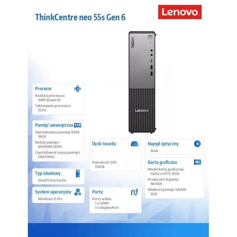 Lenovo ThinkCentre Neo 55s Gen 6 desktop small form factor, AMD Ryzen AI 5 330, 16GB DDR5, 512GB SSD, NVIDIA GeForce RTX 3050 6GB, Windows 11 Pro, Raven Black