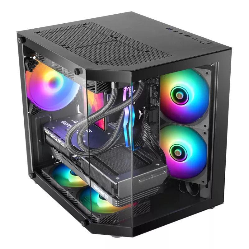 Caixa Mini Tower TACENS Mars Gaming MC-3TLITE preta com vidro temperado FRGB