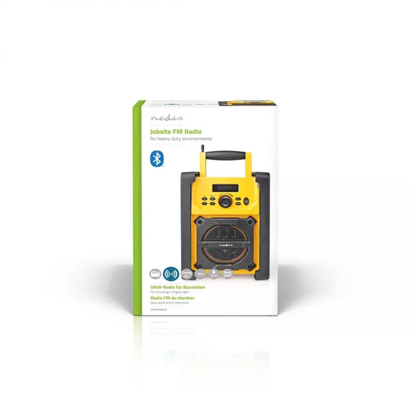 Rádio FM Nedis RDFM3100YW - rádio FM portátil com Bluetooth e AUX, IPX5, amarelo