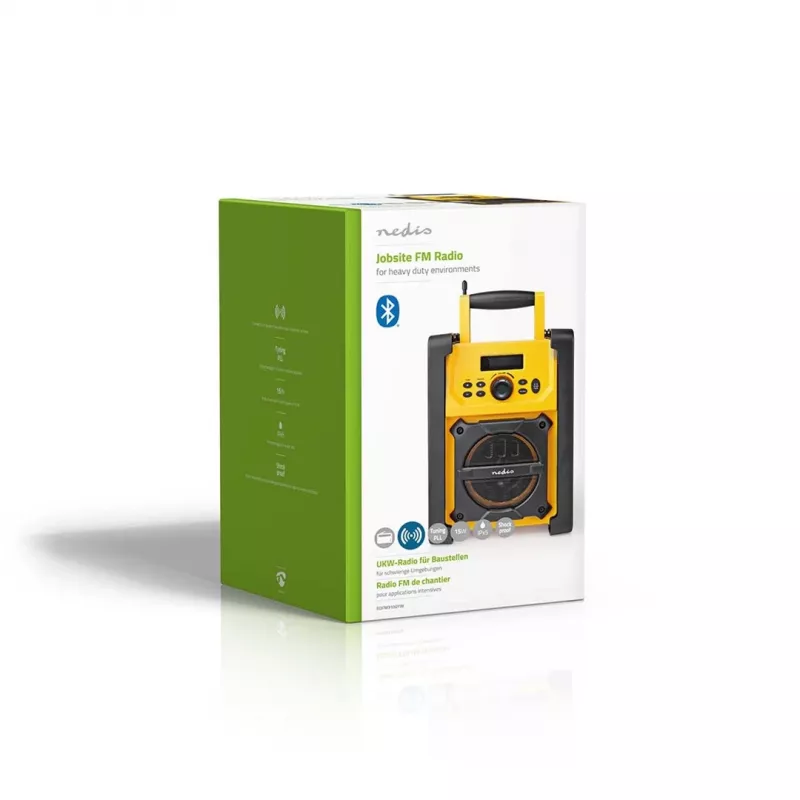 Rádio FM Nedis RDFM3100YW - rádio FM portátil com Bluetooth e AUX, IPX5, amarelo