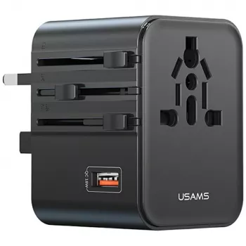 Adaptador de viagem USAMS 25W 4em1 US/AU/EU/UK preto CC309