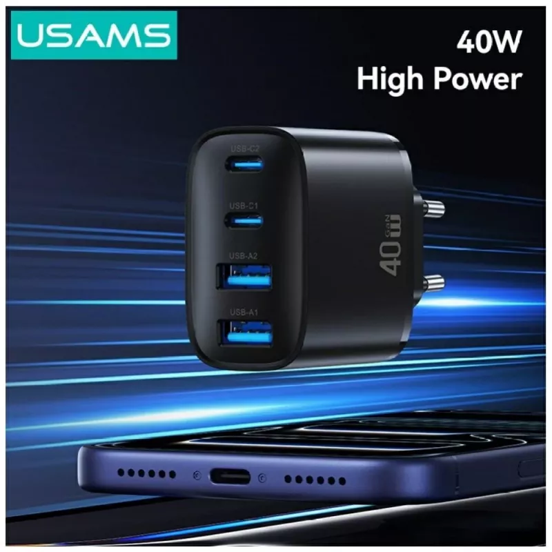 USAMS T70 40W 2xUSB-A 2xUSB-C Fonte de alimentação preto
