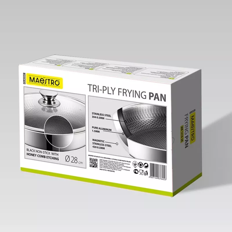 Maestro MR-1216-28 Frigideira com tampa 28 cm, revestimento antiaderente de mármore, adequada para indução, preto/cinzento