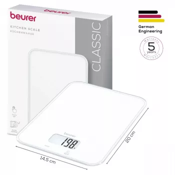 Beurer KS 19 Pure White balança de cozinha digital com teclas de toque, capacidade de 5 kg, divisão de 1 g, função tara, ecrã LCD