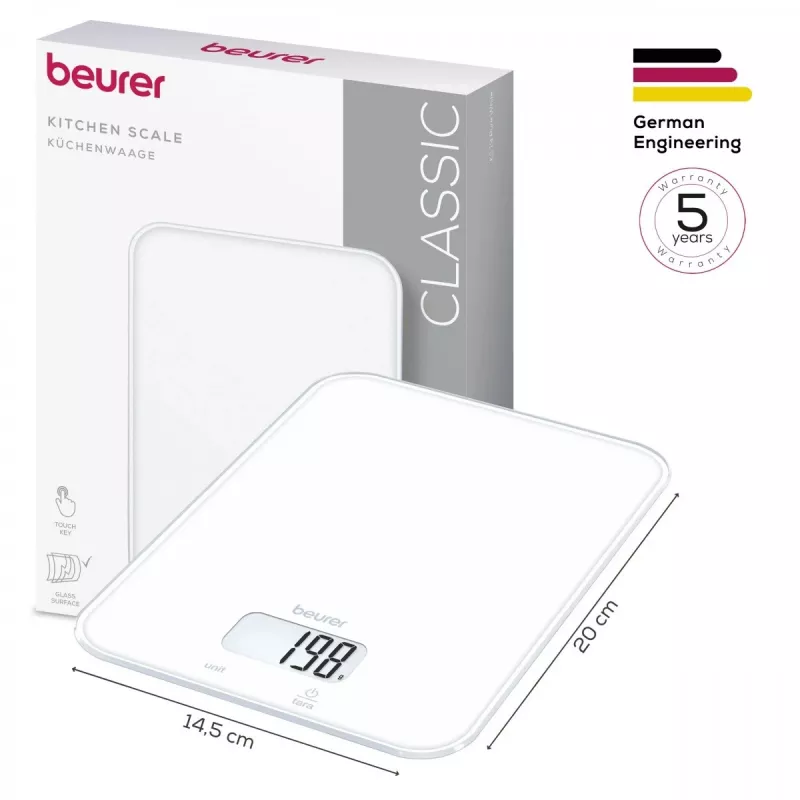 Beurer KS 19 Pure White balança de cozinha digital com teclas de toque, capacidade de 5 kg, divisão de 1 g, função tara, ecrã LCD