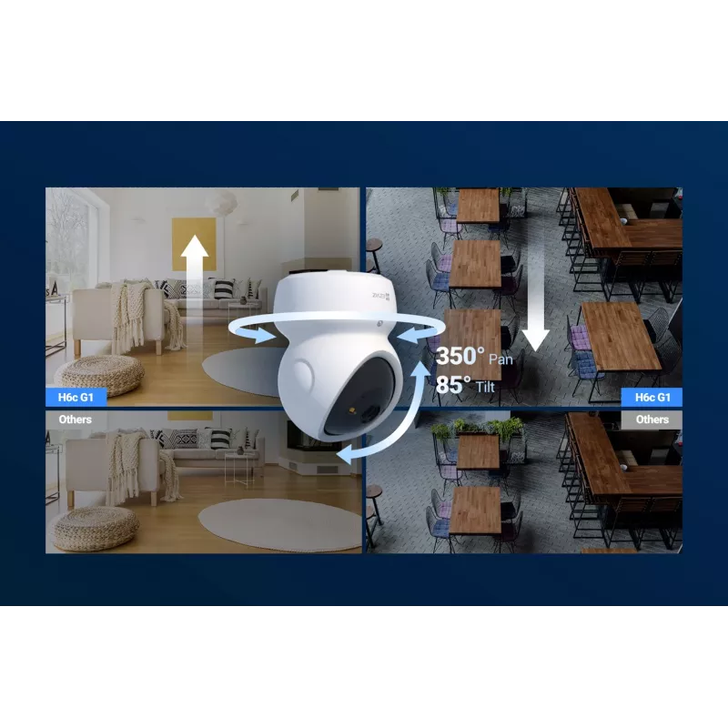 Câmara de vigilância IP esférica EZVIZ H6c G1 4K para interior, 4K UHD, 3840x2160, Wi-Fi, Ethernet, visão noturna, áudio bidirecional, deteção por IA, montagem em teto/parede/mesa